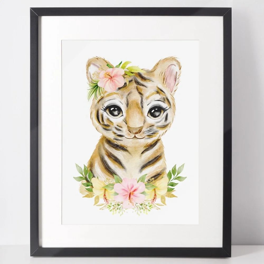 Cute Watercolor Floral Tiger Wall Art Print Poster Unframed - Picture 2 of 9